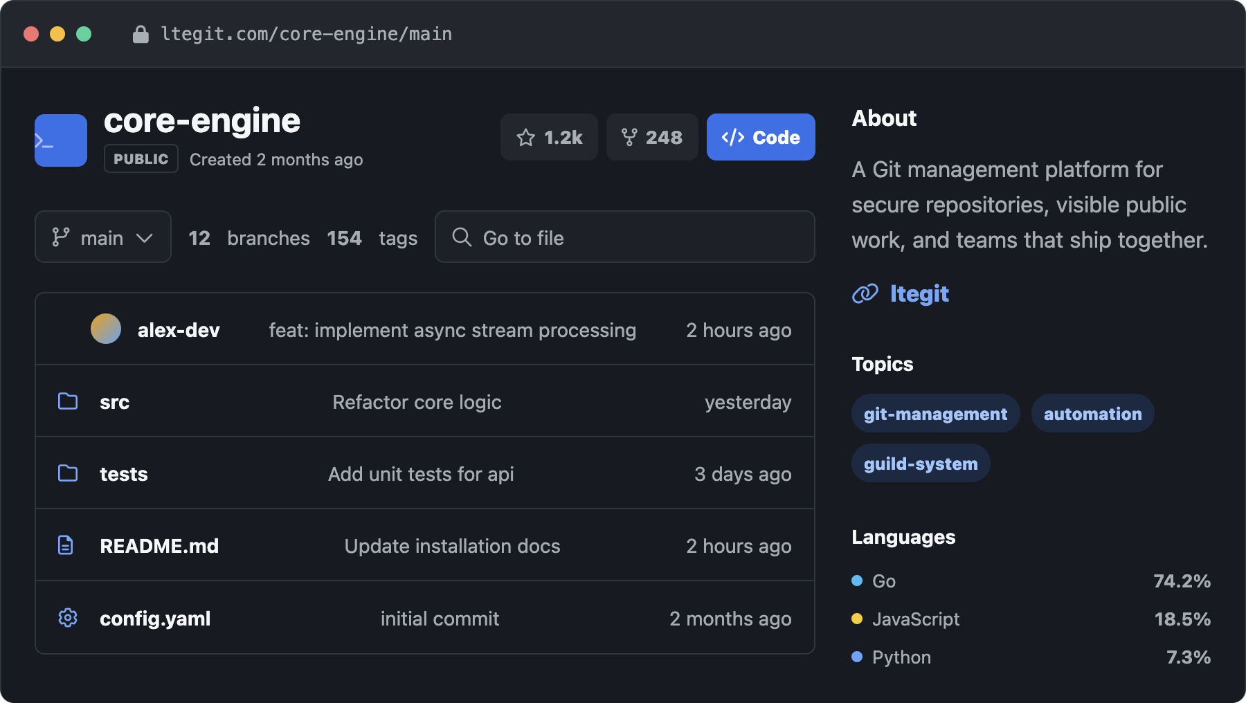 LTE Git repository page screenshot showing code, commits, branches, repository details, and project activity.